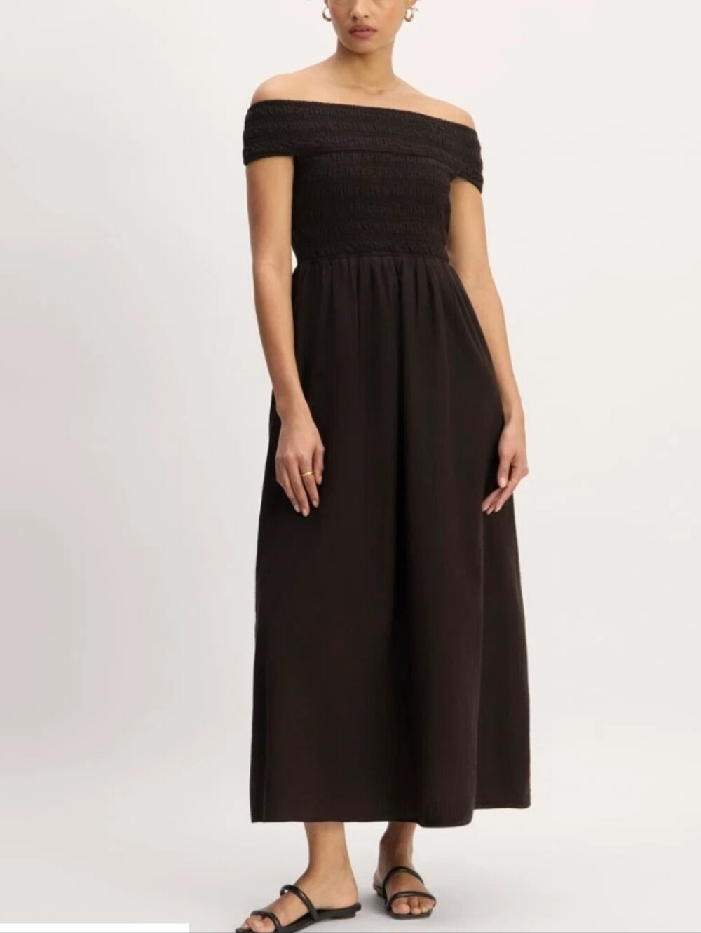 Everlane Black Gauze Off The Shoulder Smocked Midi Dress Size Medium Pockets